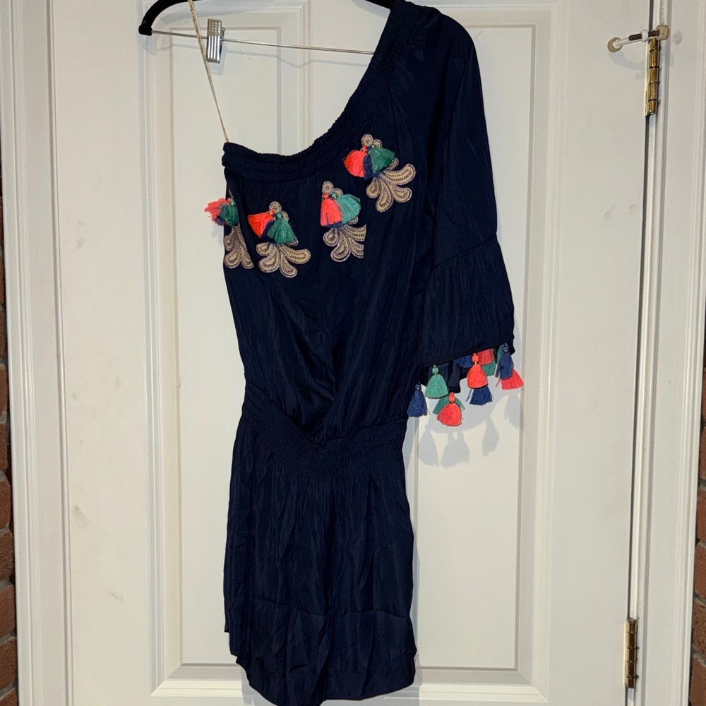 Lilly Pulitzer Navy One Shoulder Dress with Colorful Tassels